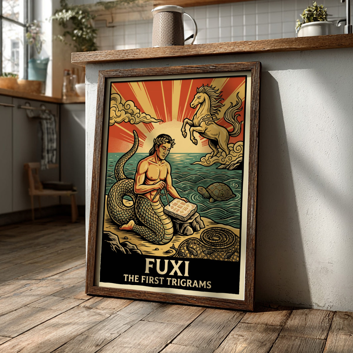 Poster featuring Fuxi the sage with a serpent tail inscribing ancient trigrams on stone