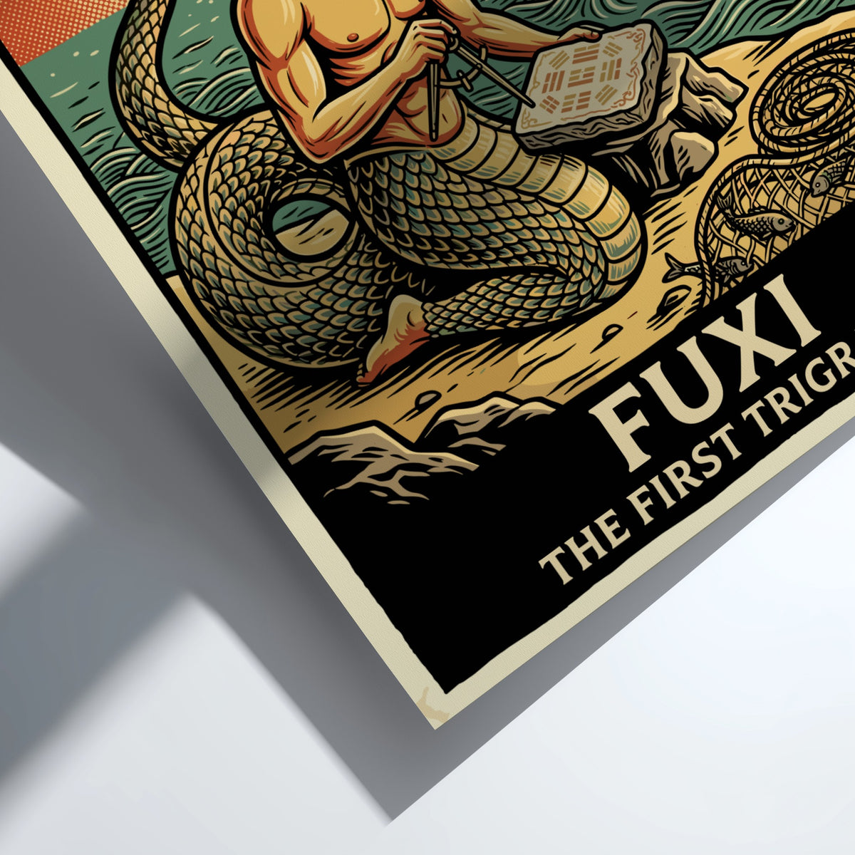 Poster featuring Fuxi the sage with a serpent tail inscribing ancient trigrams on stone