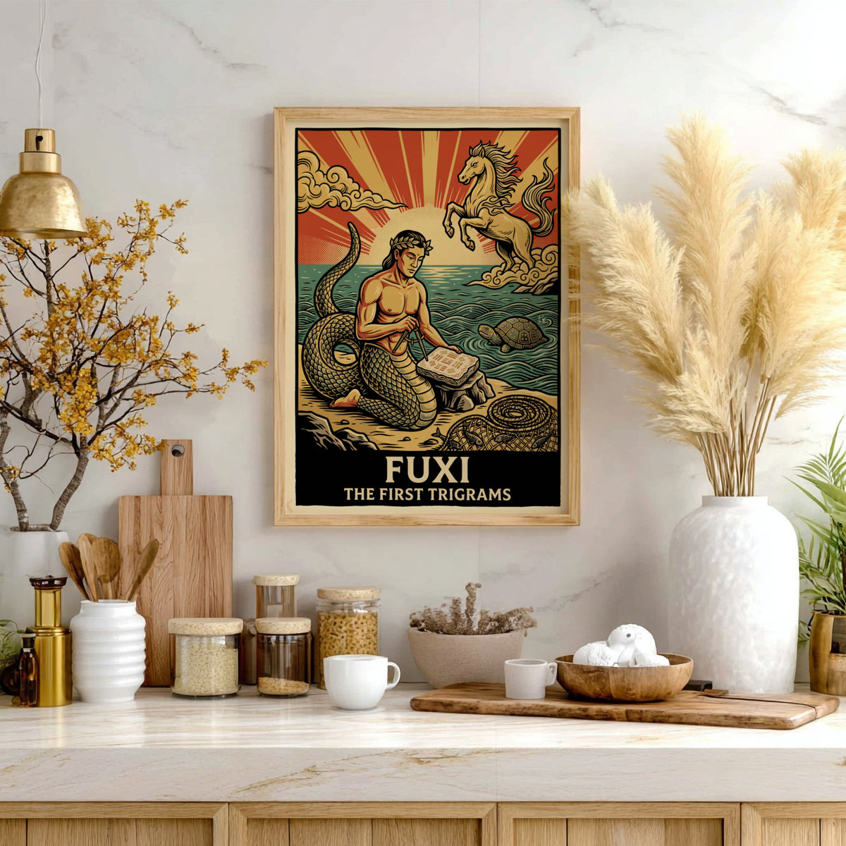 Poster featuring Fuxi the sage with a serpent tail inscribing ancient trigrams on stone