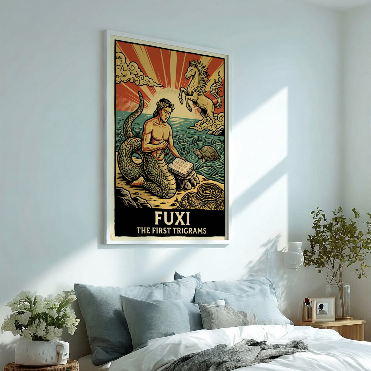 Poster featuring Fuxi the sage with a serpent tail inscribing ancient trigrams on stone