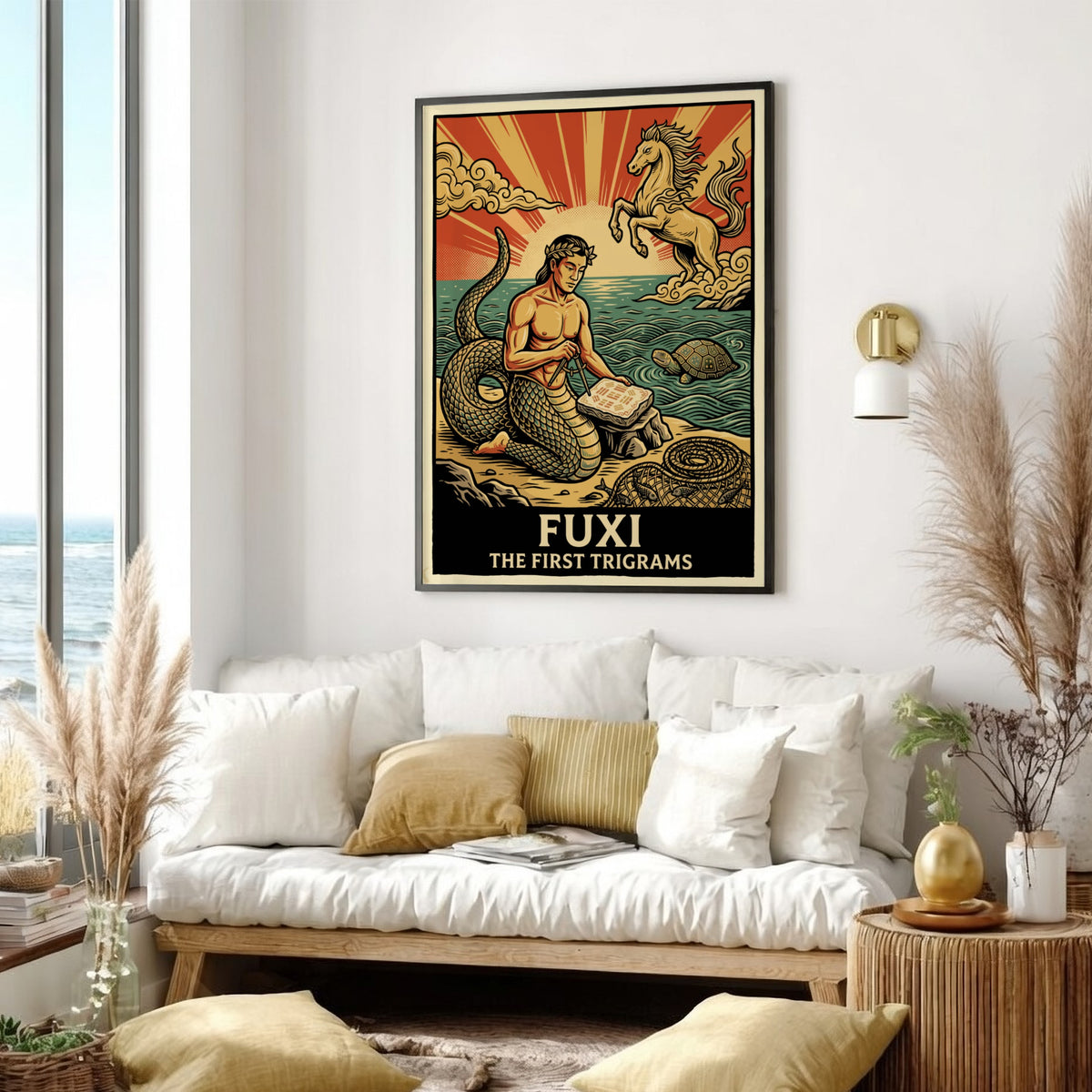 Poster featuring Fuxi the sage with a serpent tail inscribing ancient trigrams on stone