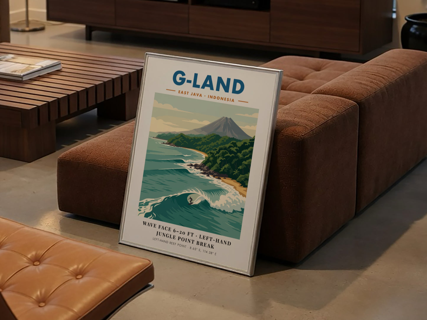 Vintage travel poster of G-Land featuring a surfer on a wave and volcano.