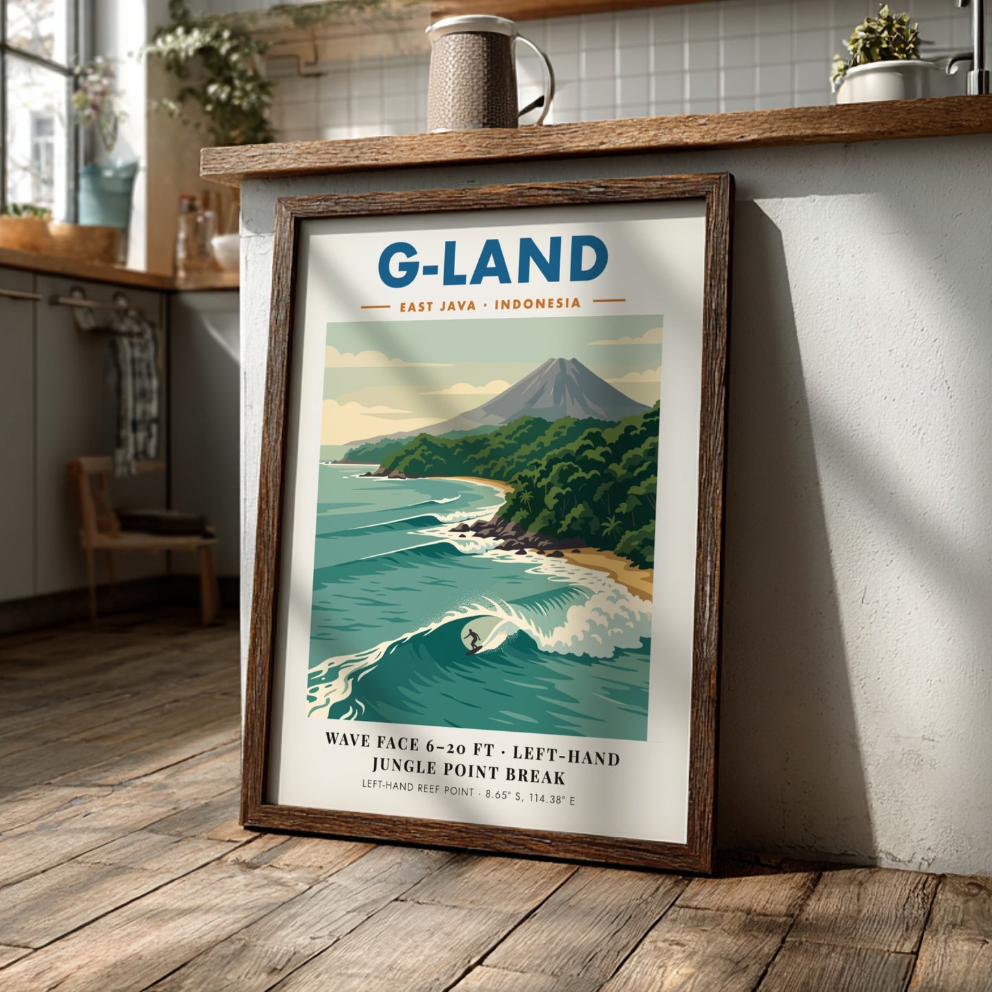 Vintage travel poster of G-Land featuring a surfer on a wave and volcano.