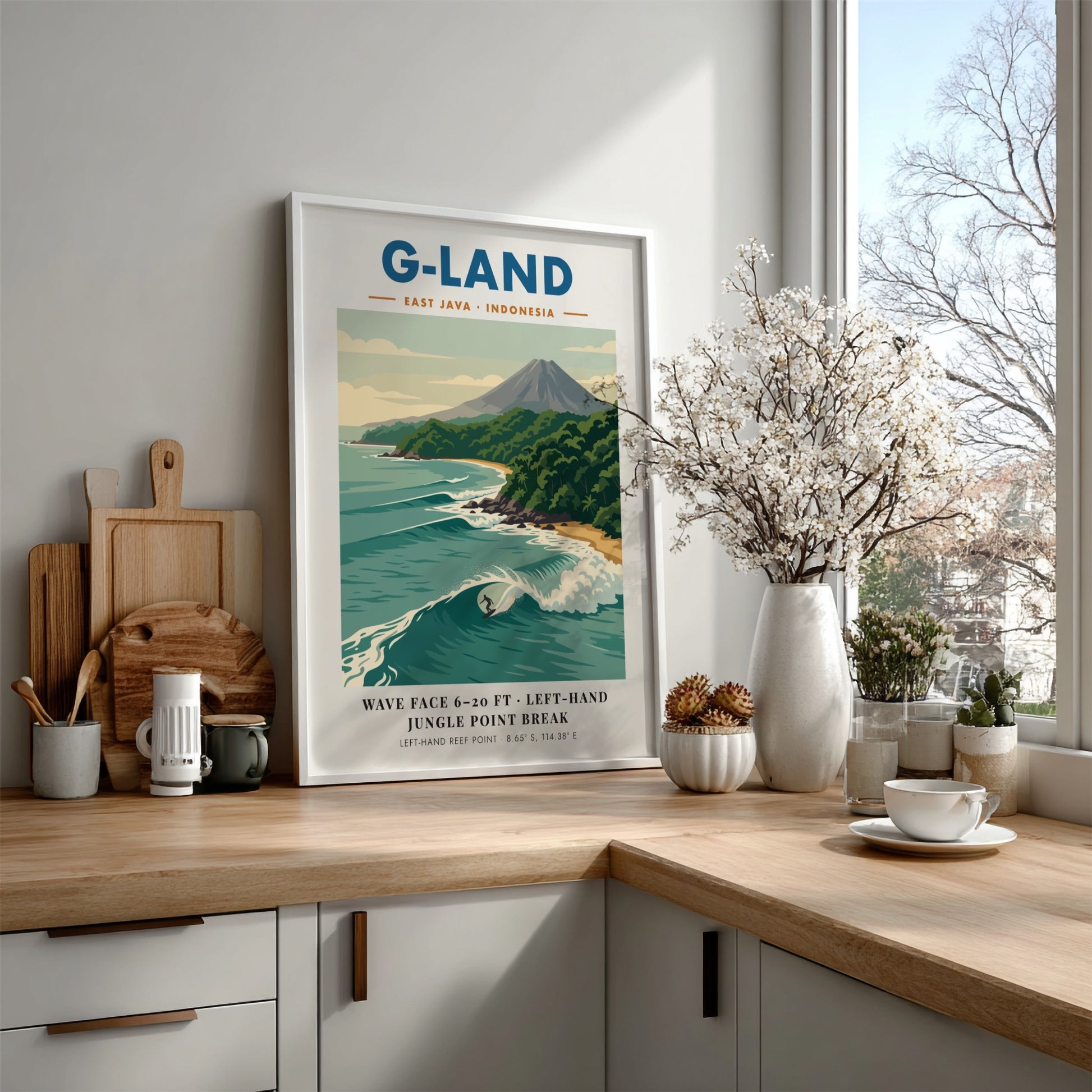 Vintage travel poster of G-Land featuring a surfer on a wave and volcano.