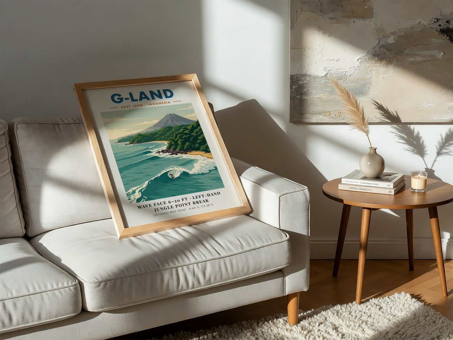Vintage travel poster of G-Land featuring a surfer on a wave and volcano.