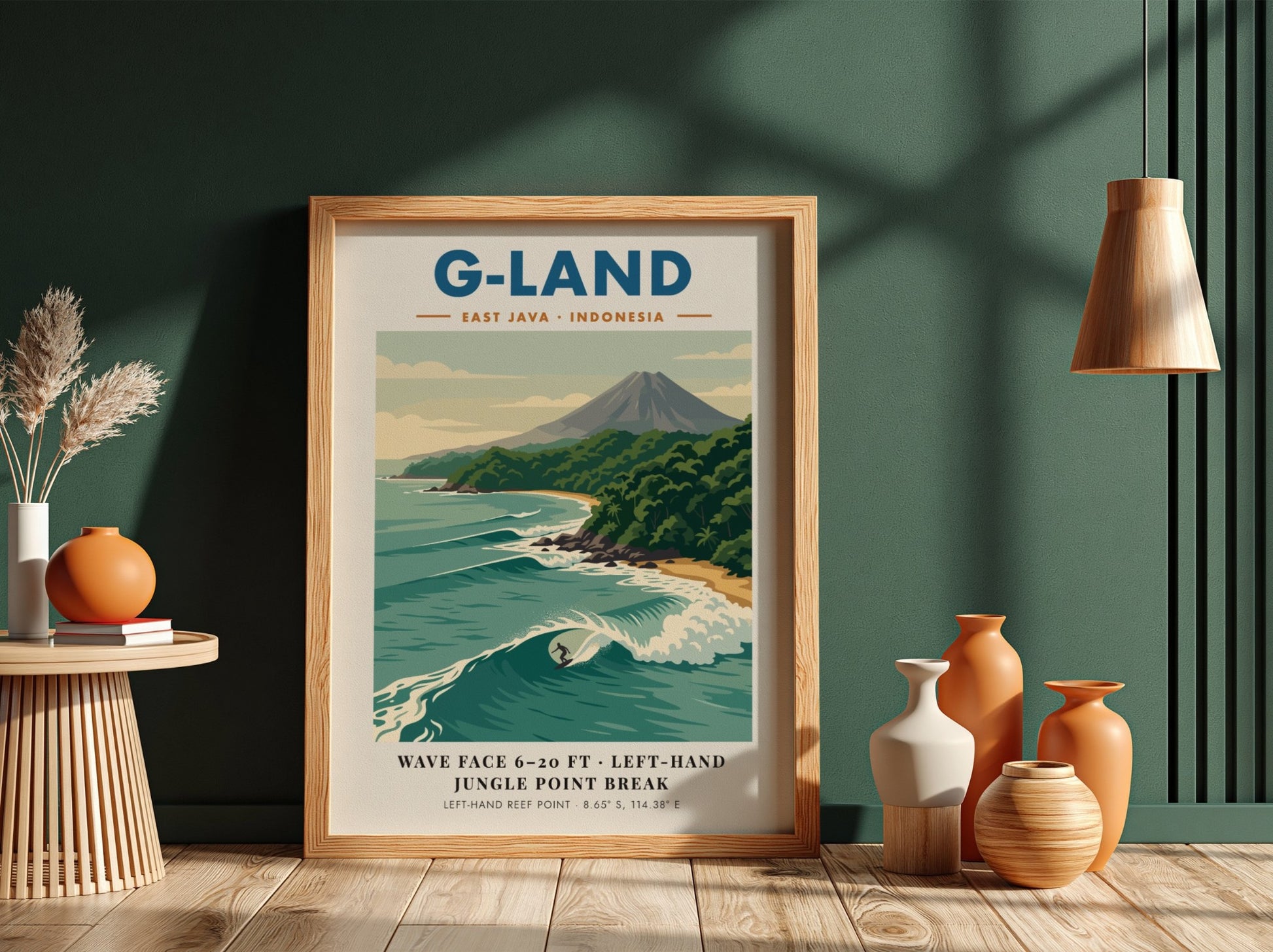 Vintage travel poster of G-Land featuring a surfer on a wave and volcano.