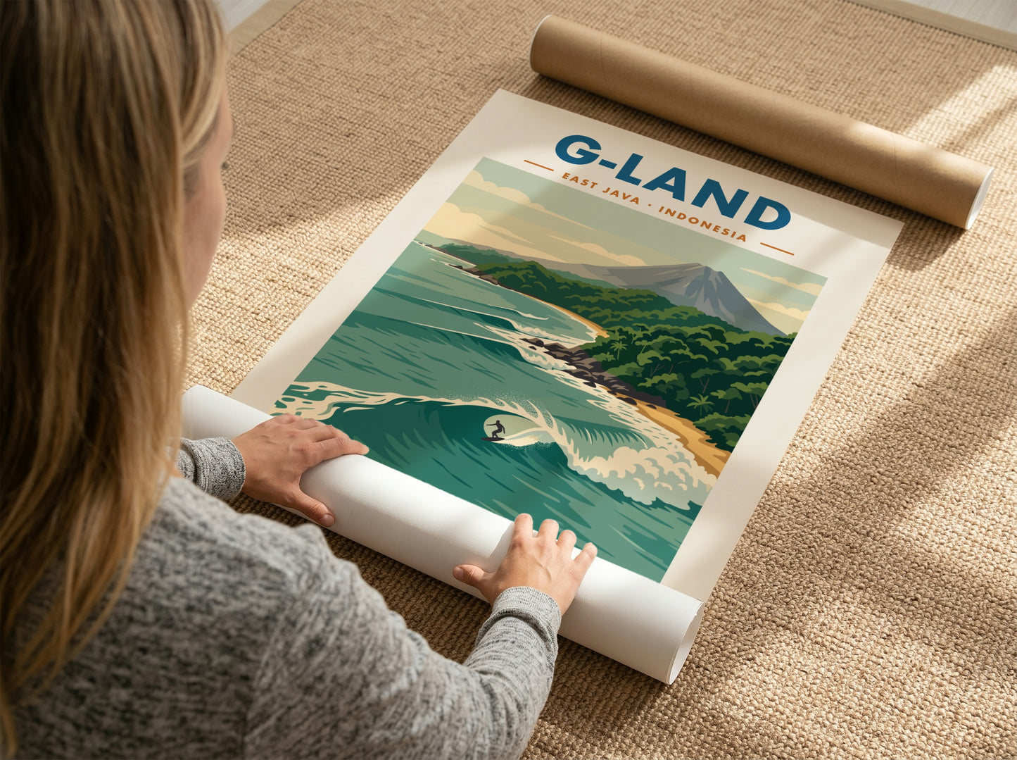 Vintage travel poster of G-Land featuring a surfer on a wave and volcano.