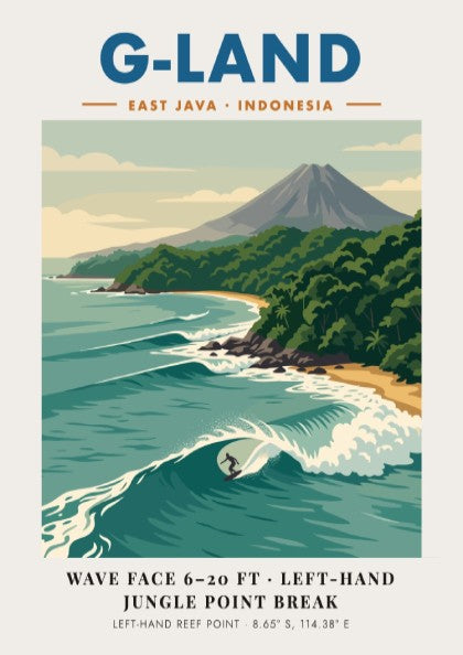 Vintage travel poster of G-Land featuring a surfer on a wave and volcano.