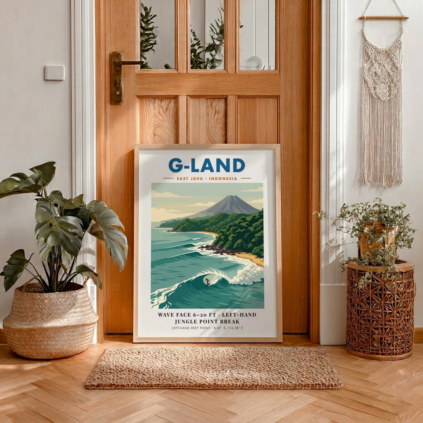 Vintage travel poster of G-Land featuring a surfer on a wave and volcano.