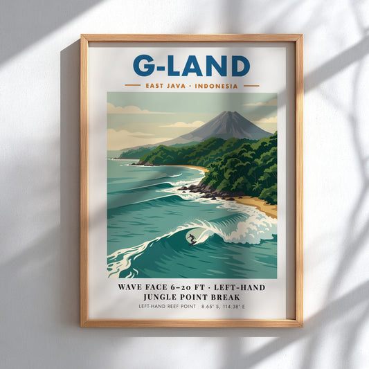 Vintage travel poster of G-Land featuring a surfer on a wave and volcano.