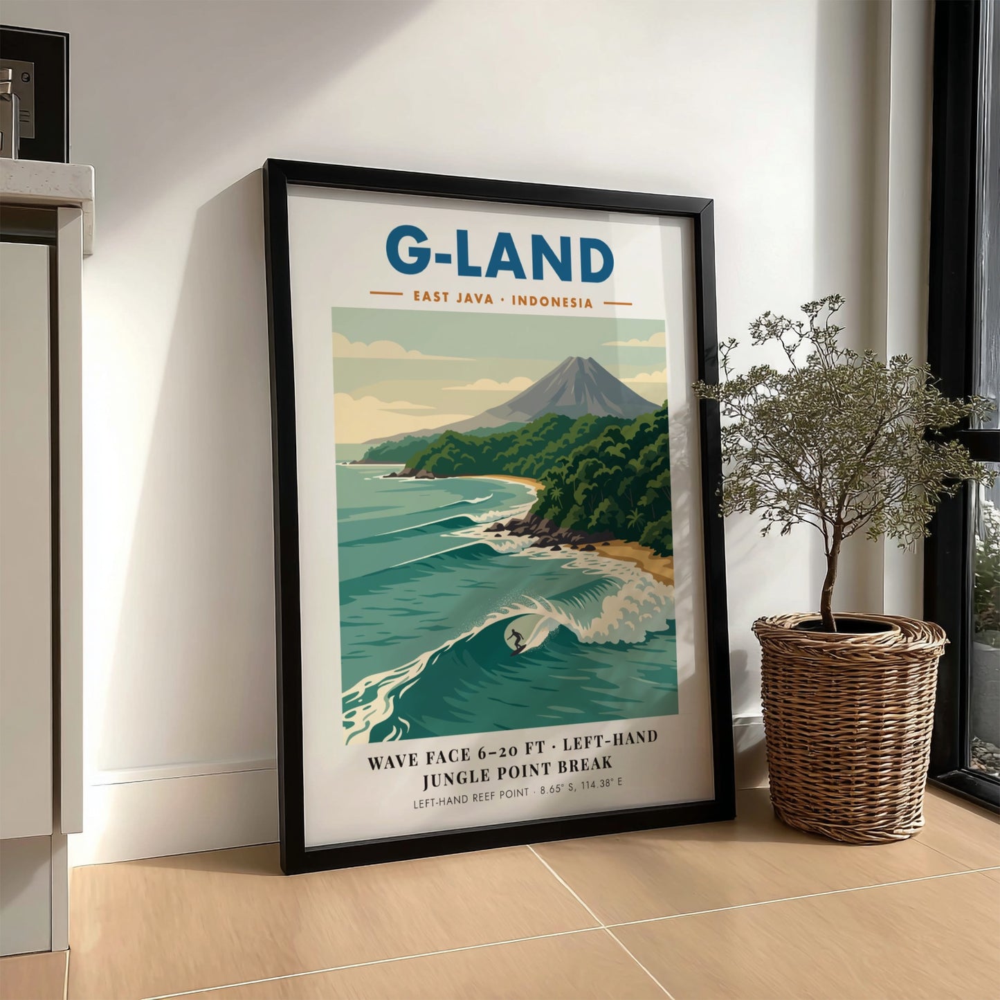 Vintage travel poster of G-Land featuring a surfer on a wave and volcano.