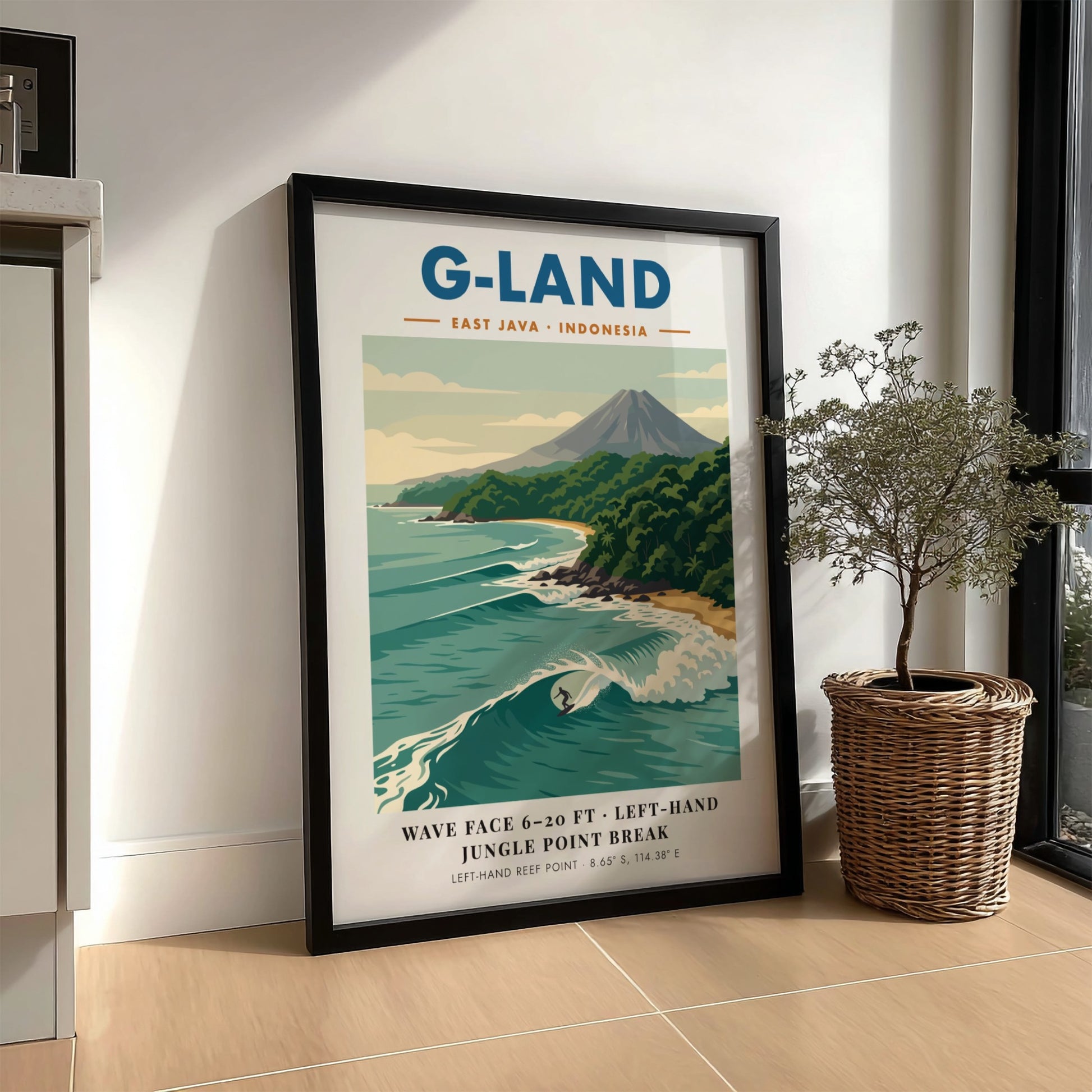 Vintage travel poster of G-Land featuring a surfer on a wave and volcano.