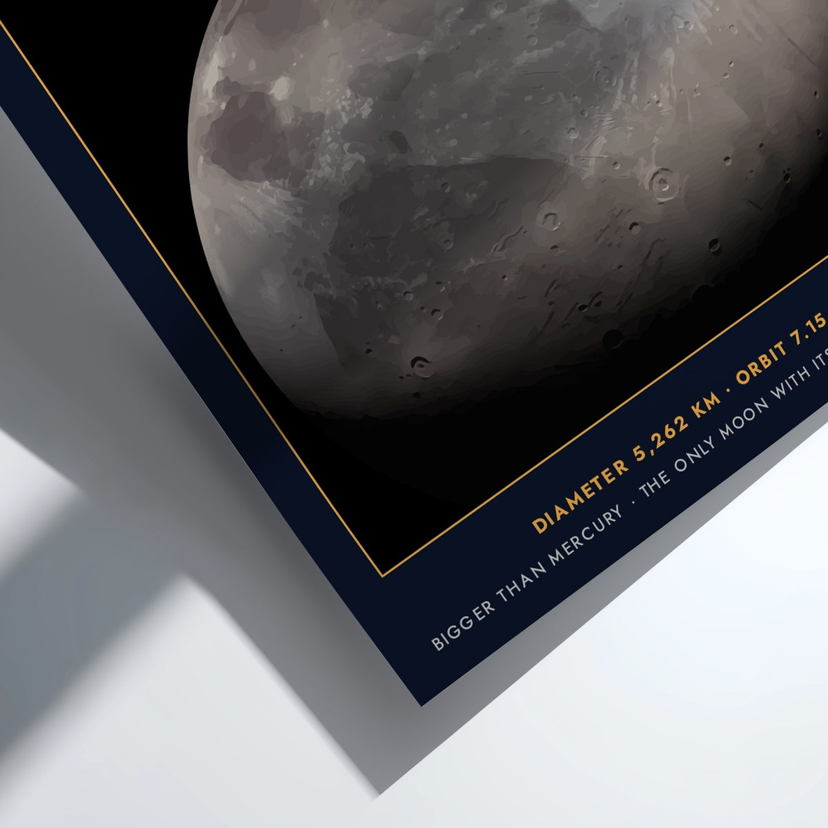 Poster of Ganymede, the largest moon of Jupiter, featuring cratered grey surface and text.