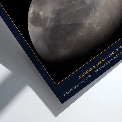 Poster of Ganymede, the largest moon of Jupiter, featuring cratered grey surface and text.