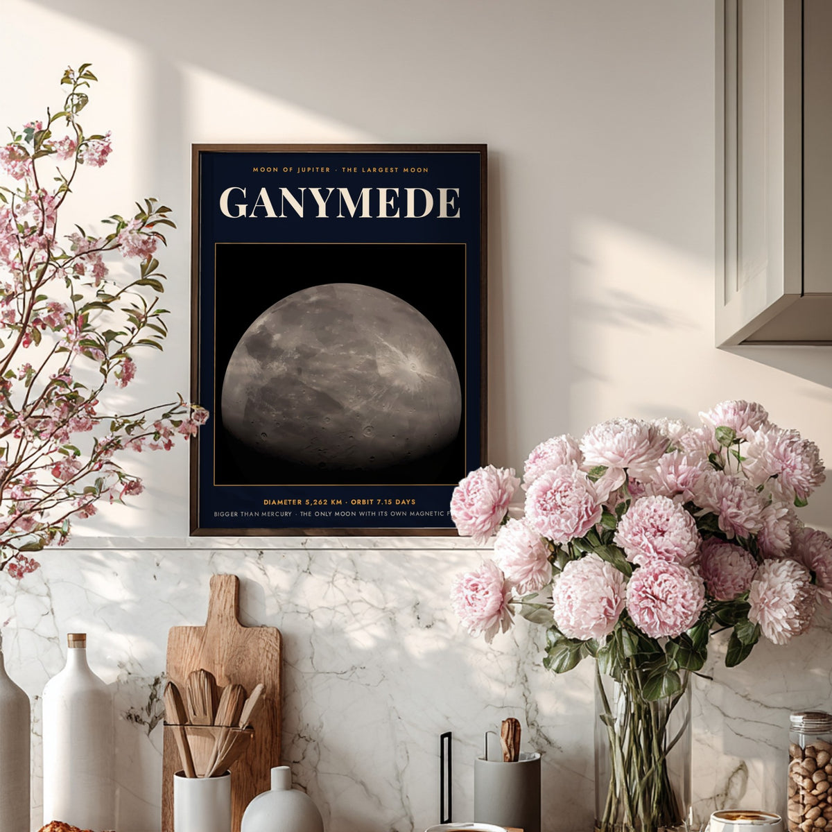 Poster of Ganymede, the largest moon of Jupiter, featuring cratered grey surface and text.