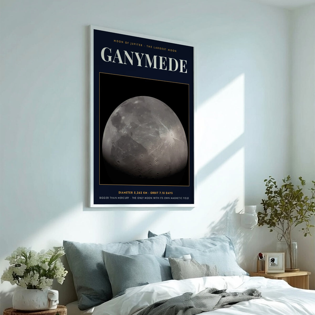 Poster of Ganymede, the largest moon of Jupiter, featuring cratered grey surface and text.