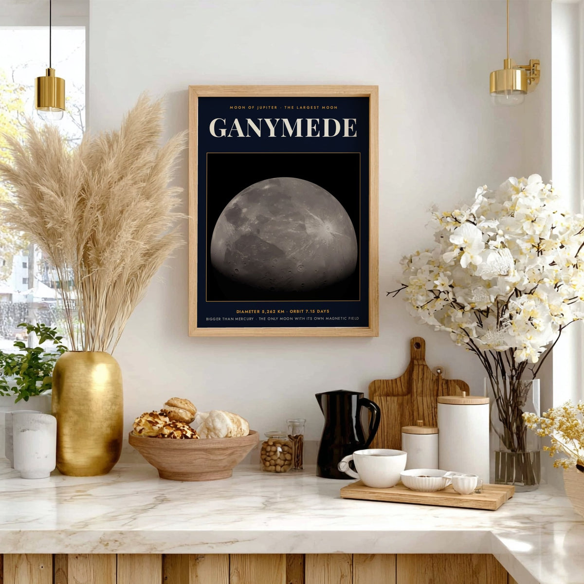 Poster of Ganymede, the largest moon of Jupiter, featuring cratered grey surface and text.