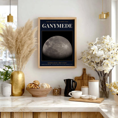 Poster of Ganymede, the largest moon of Jupiter, featuring cratered grey surface and text.