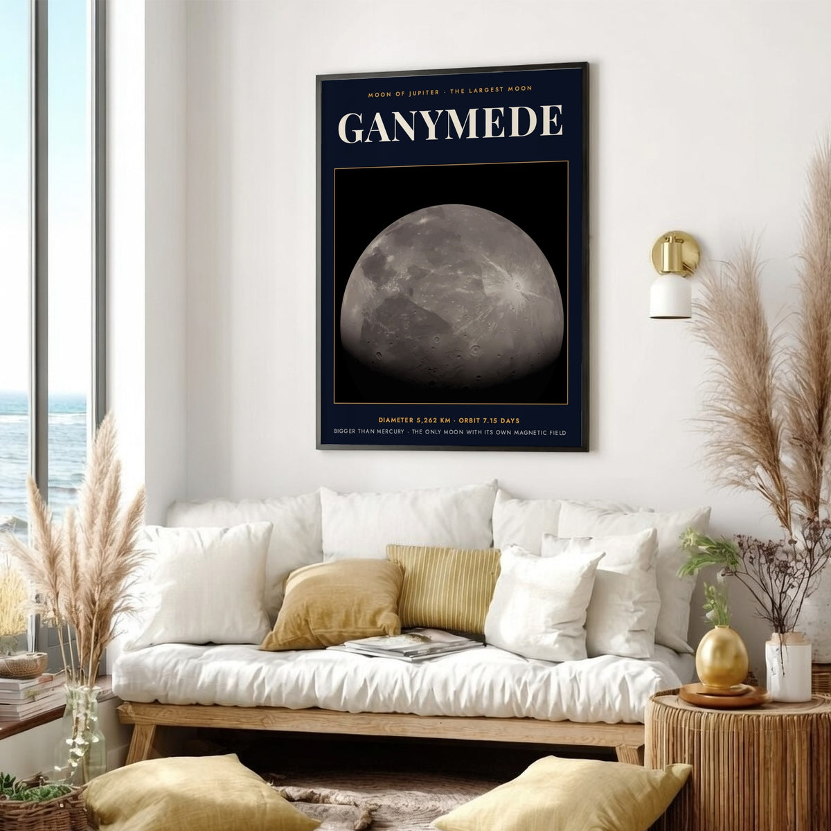 Poster of Ganymede, the largest moon of Jupiter, featuring cratered grey surface and text.