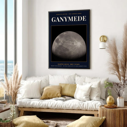 Poster of Ganymede, the largest moon of Jupiter, featuring cratered grey surface and text.