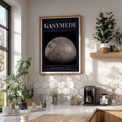 Poster of Ganymede, the largest moon of Jupiter, featuring cratered grey surface and text.