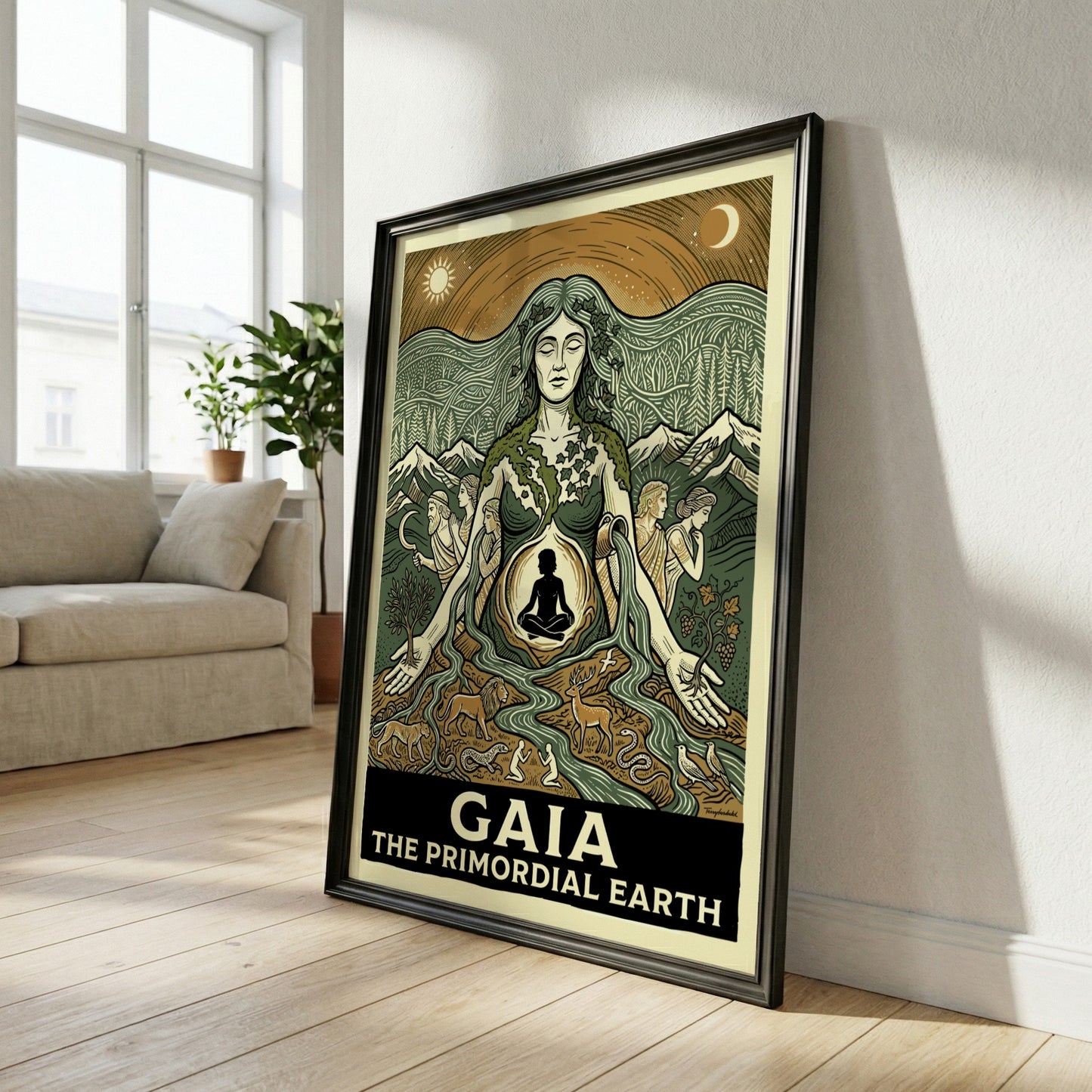 Gaia poster featuring the Greek Earth Mother goddess, linocut style, earthy colors, nature and mythology