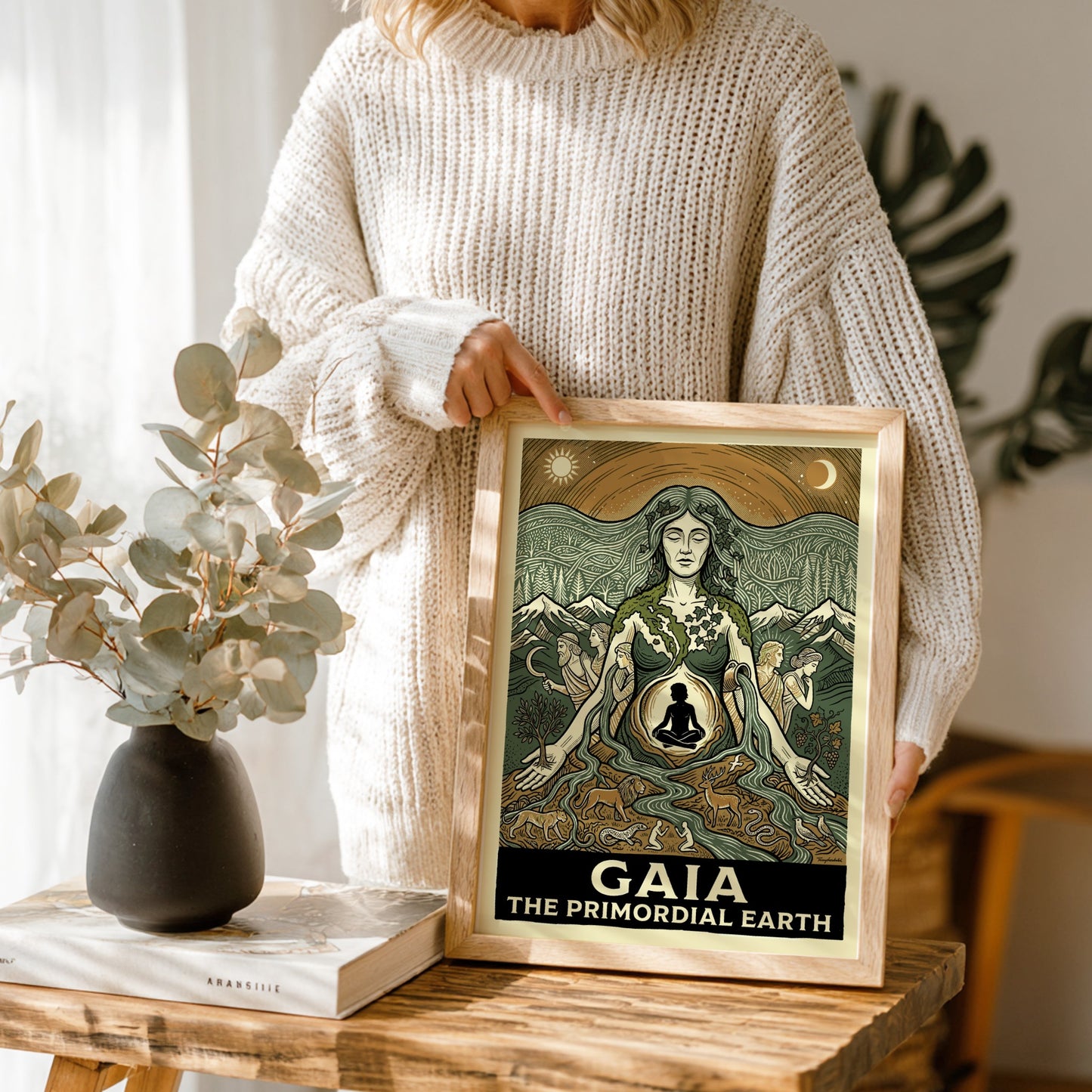 Gaia poster featuring the Greek Earth Mother goddess, linocut style, earthy colors, nature and mythology