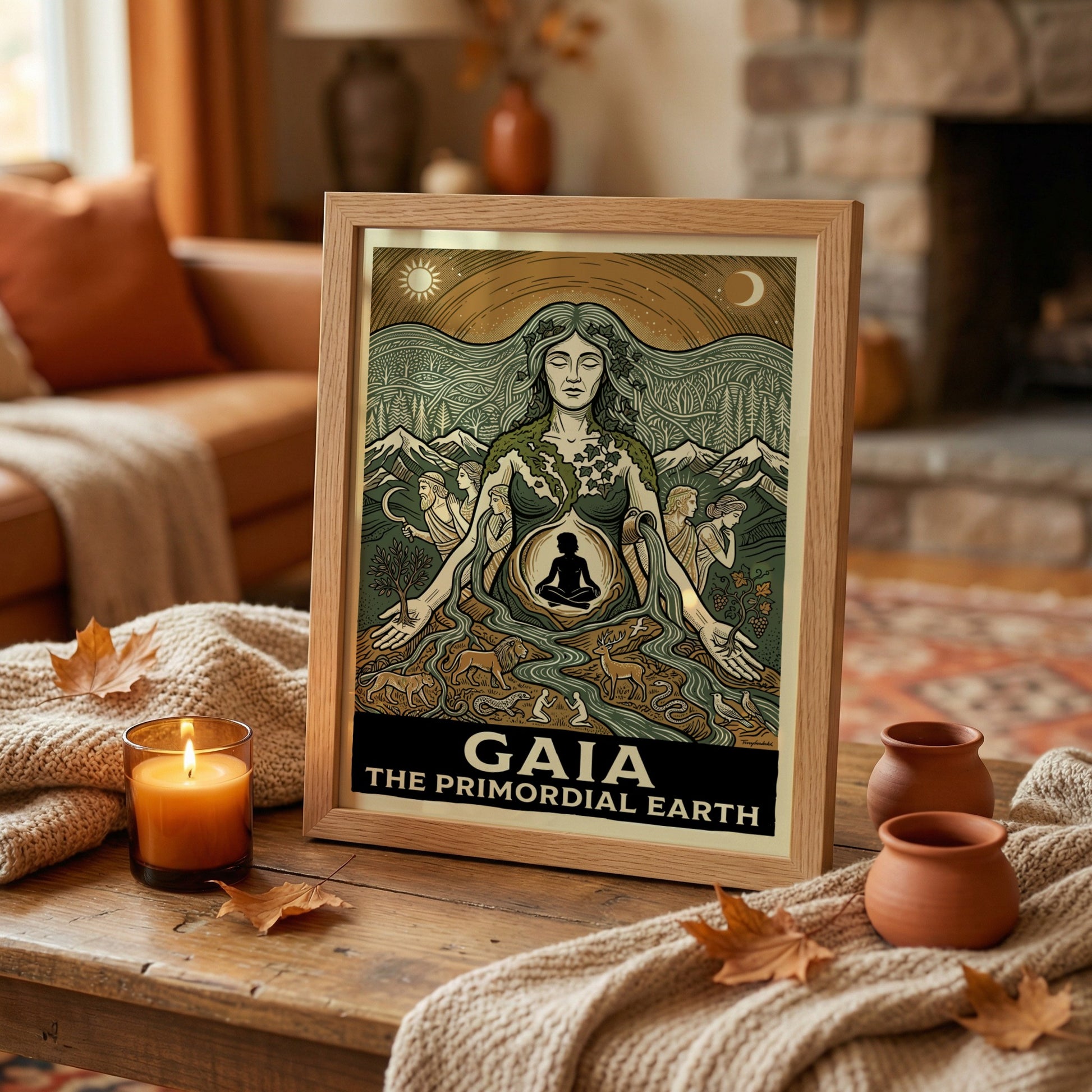 Gaia poster featuring the Greek Earth Mother goddess, linocut style, earthy colors, nature and mythology