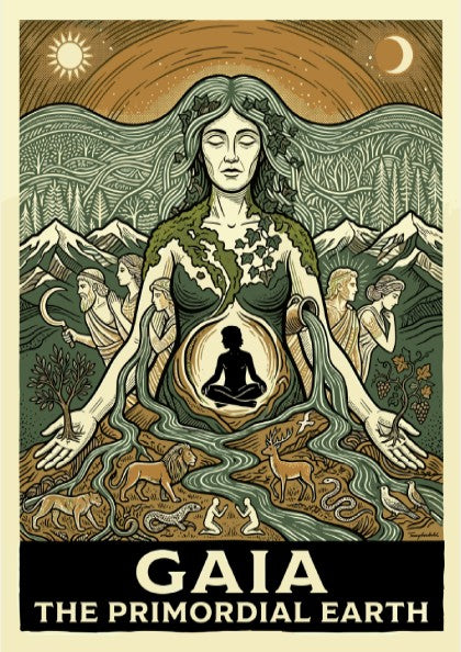 Gaia poster featuring the Greek Earth Mother goddess, linocut style, earthy colors, nature and mythology