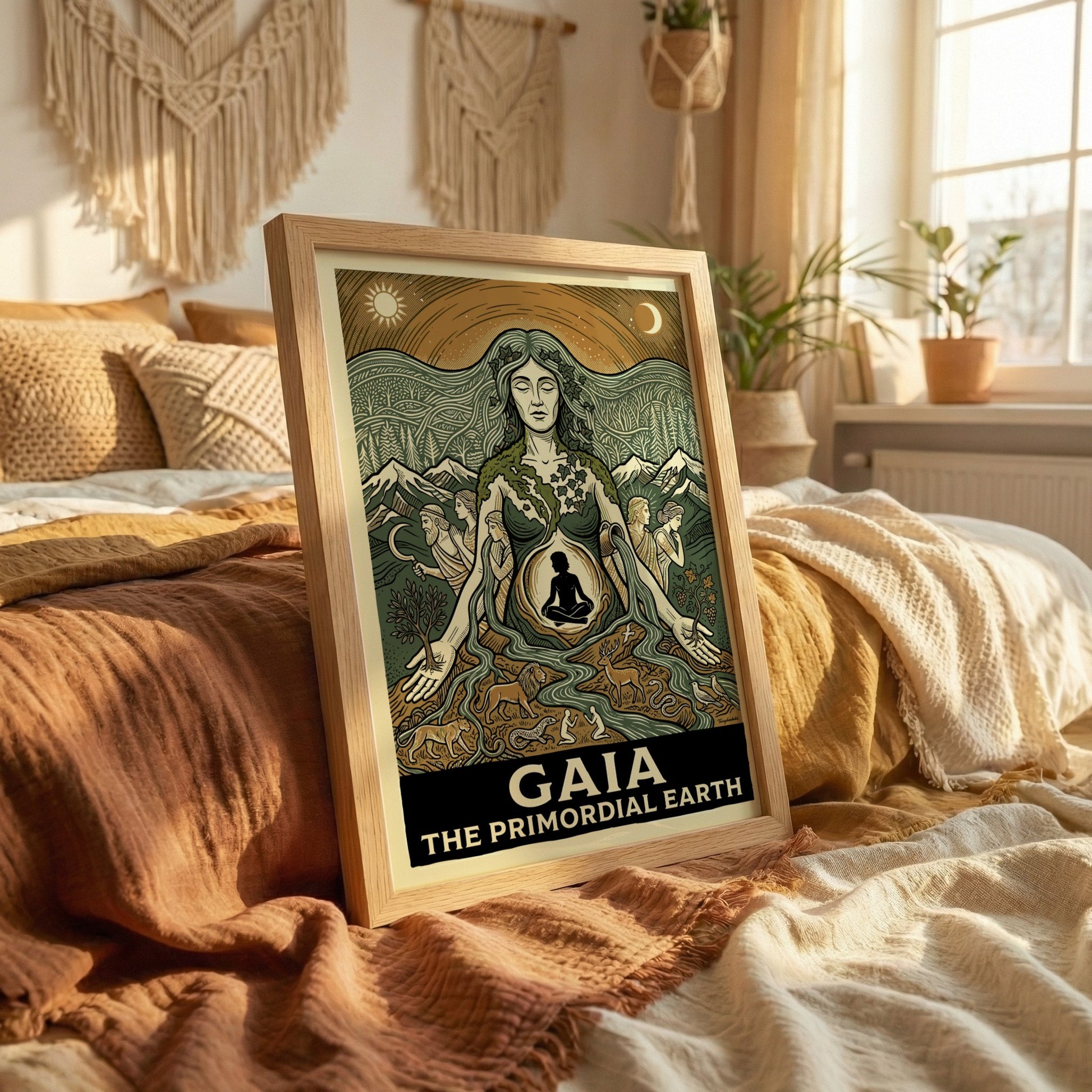 Gaia poster featuring the Greek Earth Mother goddess, linocut style, earthy colors, nature and mythology