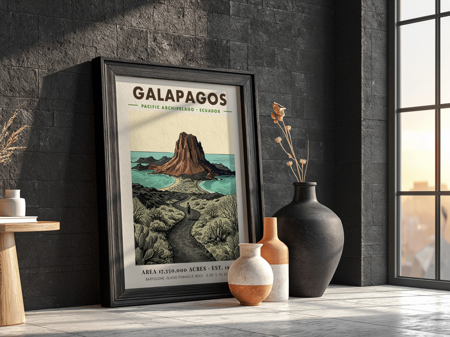 Poster featuring a vintage illustration of the Galapagos landscape with Pinnacle Rock island.