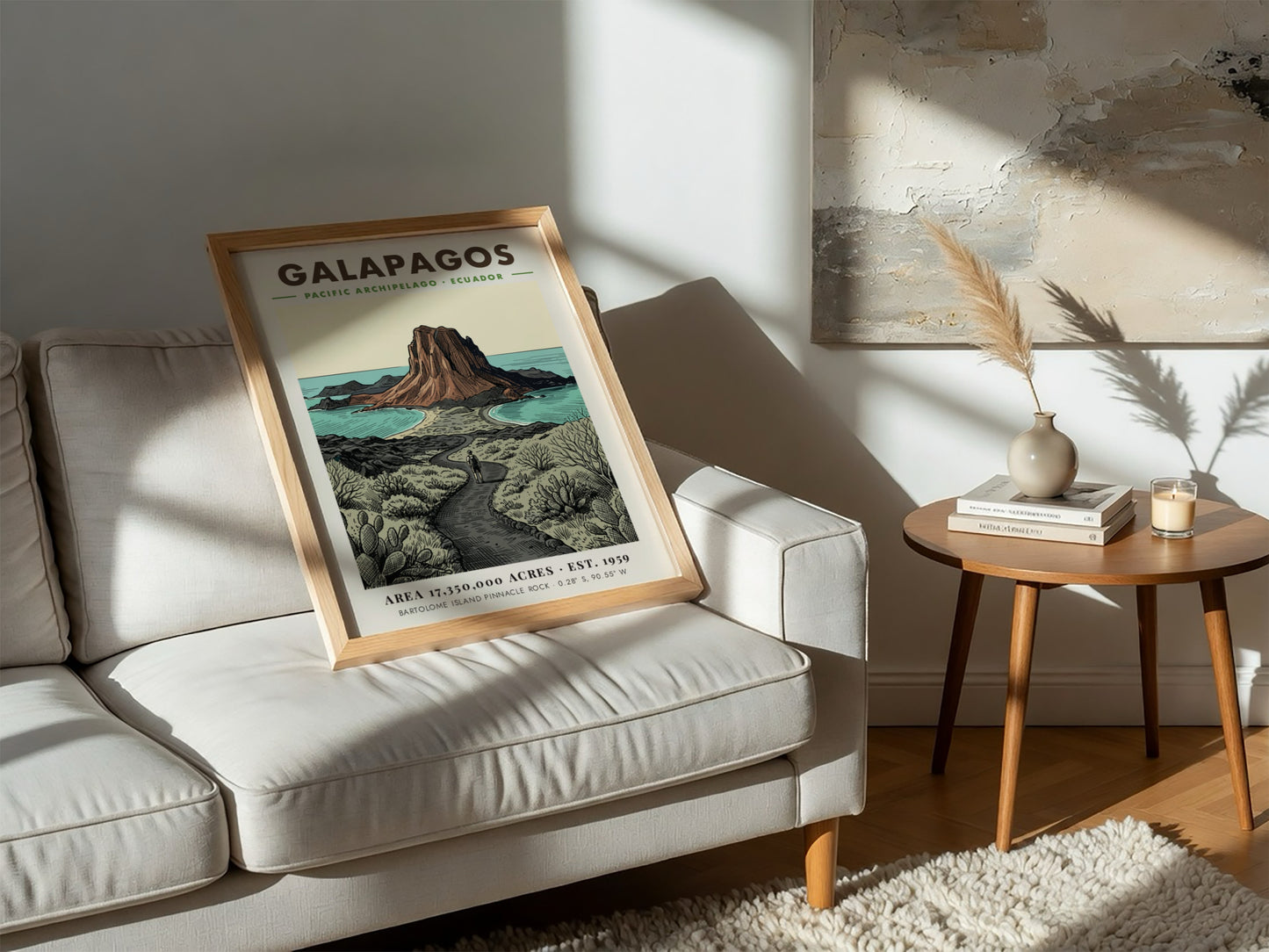 Poster featuring a vintage illustration of the Galapagos landscape with Pinnacle Rock island.