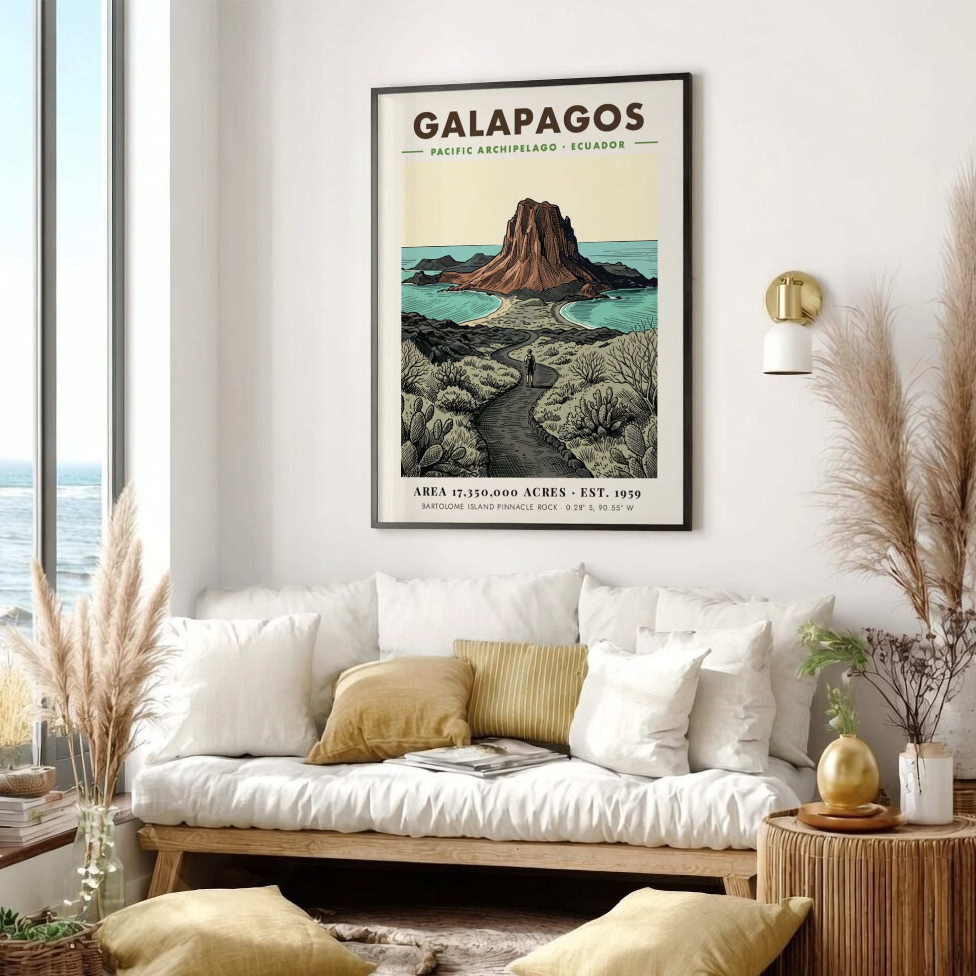 Poster featuring a vintage illustration of the Galapagos landscape with Pinnacle Rock island.