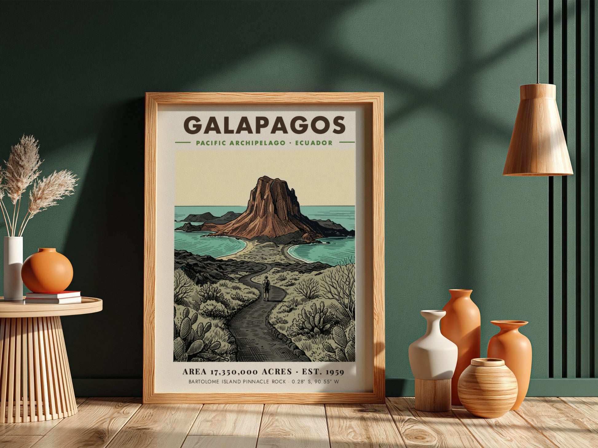Poster featuring a vintage illustration of the Galapagos landscape with Pinnacle Rock island.