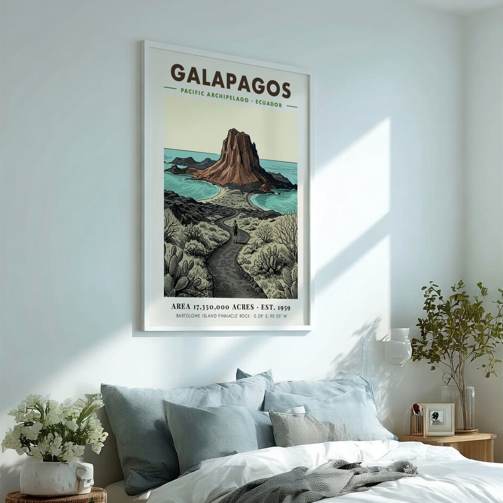 Poster featuring a vintage illustration of the Galapagos landscape with Pinnacle Rock island.