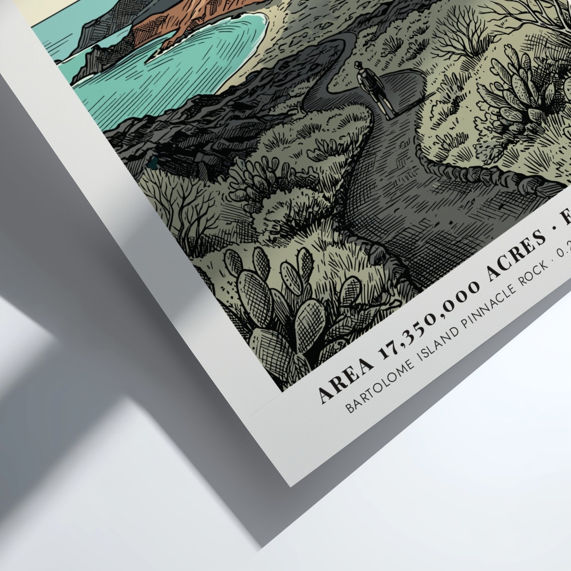Poster featuring a vintage illustration of the Galapagos landscape with Pinnacle Rock island.