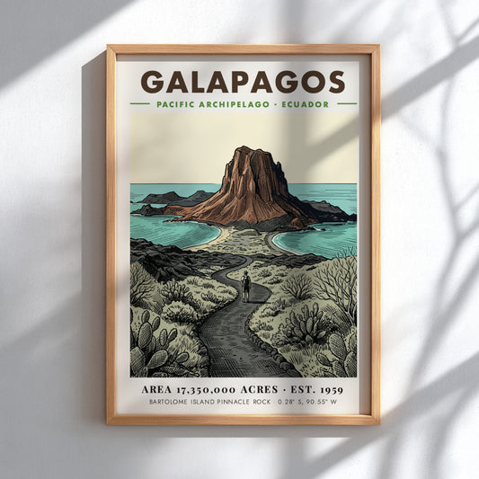 Poster featuring a vintage illustration of the Galapagos landscape with Pinnacle Rock island.