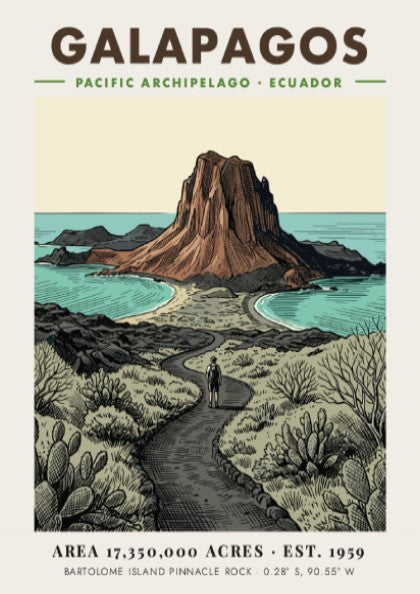 Poster featuring a vintage illustration of the Galapagos landscape with Pinnacle Rock island.