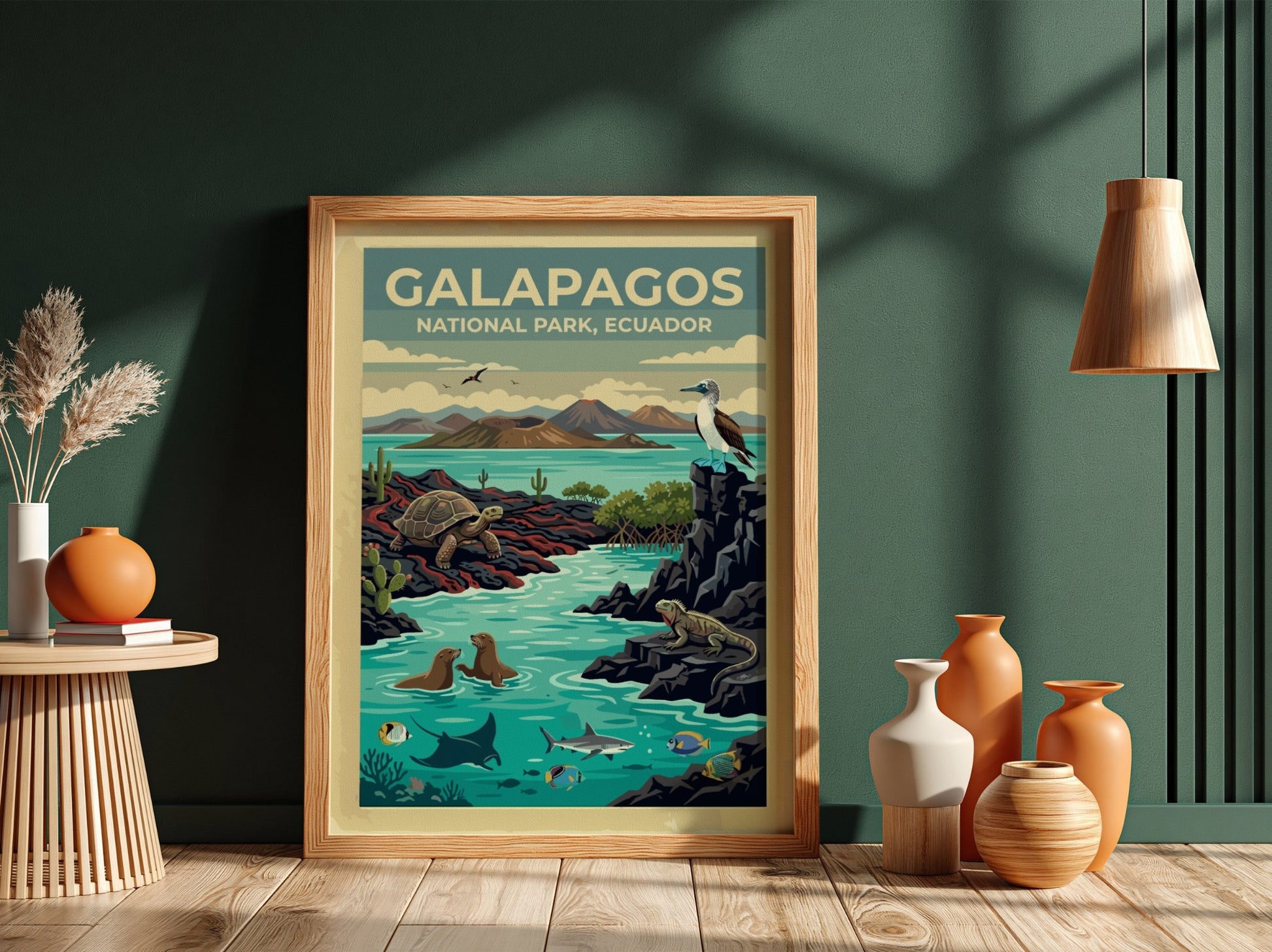South America travel poster featuring Galapagos National Park with tortoises, iguanas, and marine life.