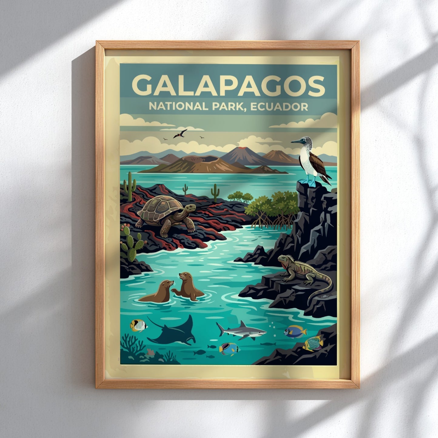 South America travel poster featuring Galapagos National Park with tortoises, iguanas, and marine life.