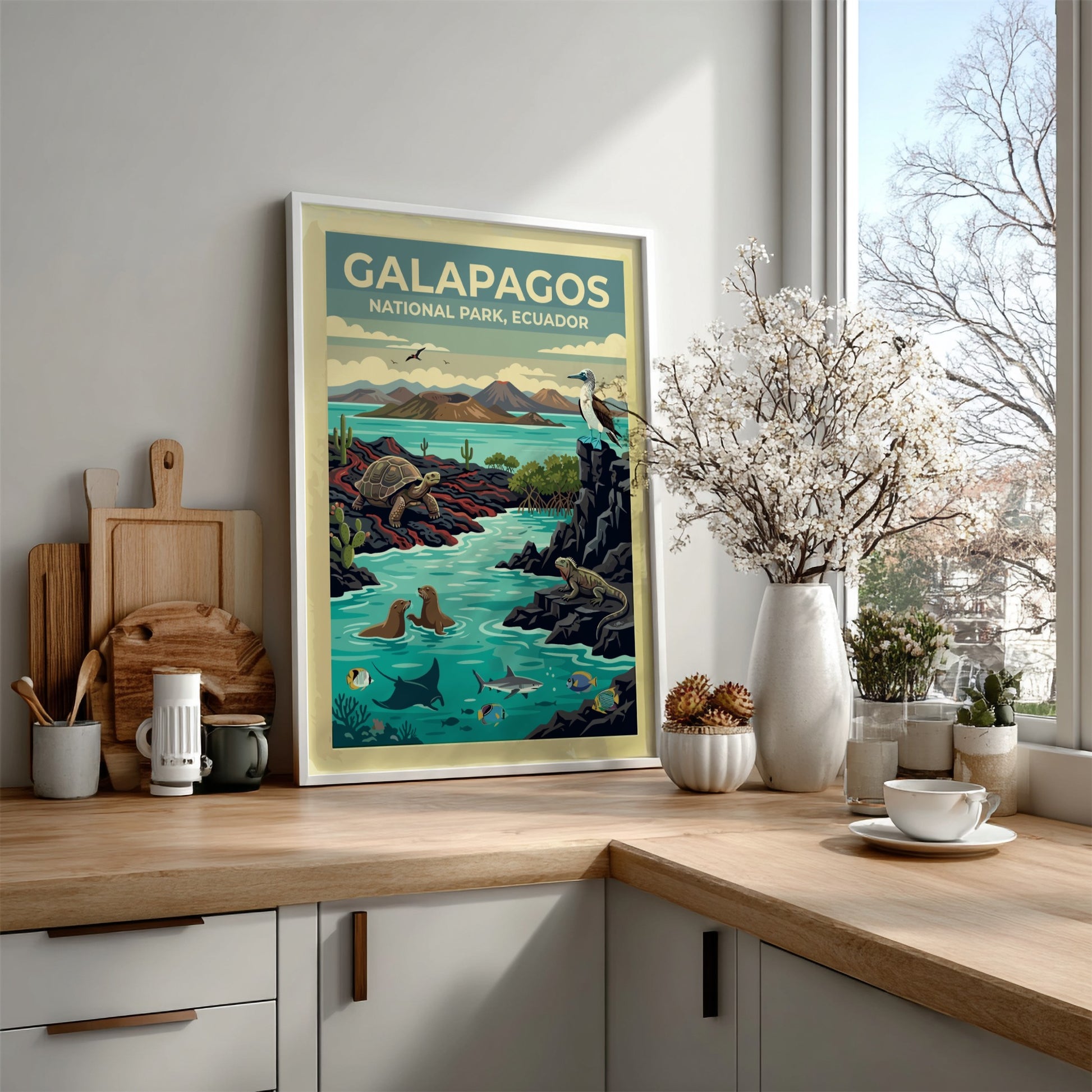South America travel poster featuring Galapagos National Park with tortoises, iguanas, and marine life.