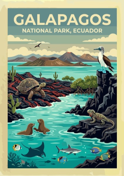 South America travel poster featuring Galapagos National Park with tortoises, iguanas, and marine life.