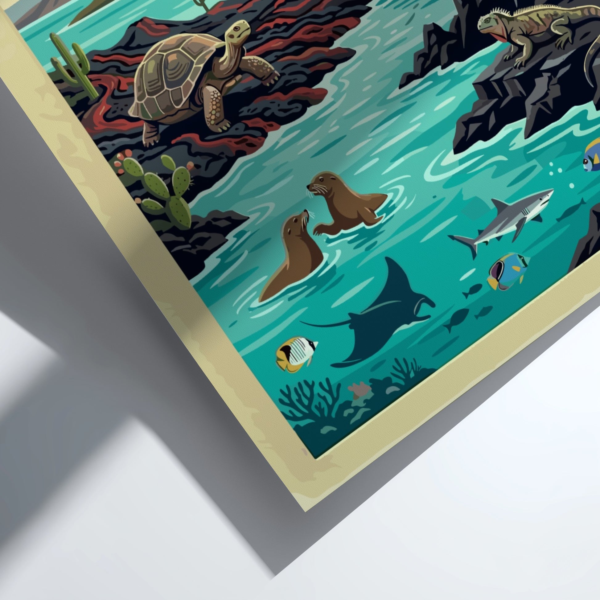 South America travel poster featuring Galapagos National Park with tortoises, iguanas, and marine life.