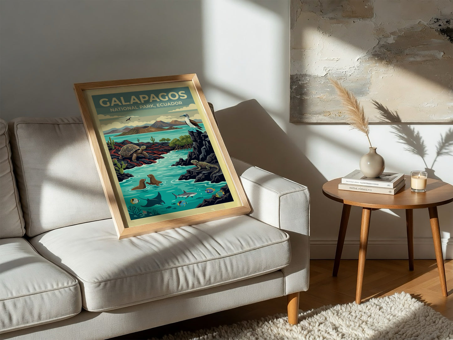 South America travel poster featuring Galapagos National Park with tortoises, iguanas, and marine life.