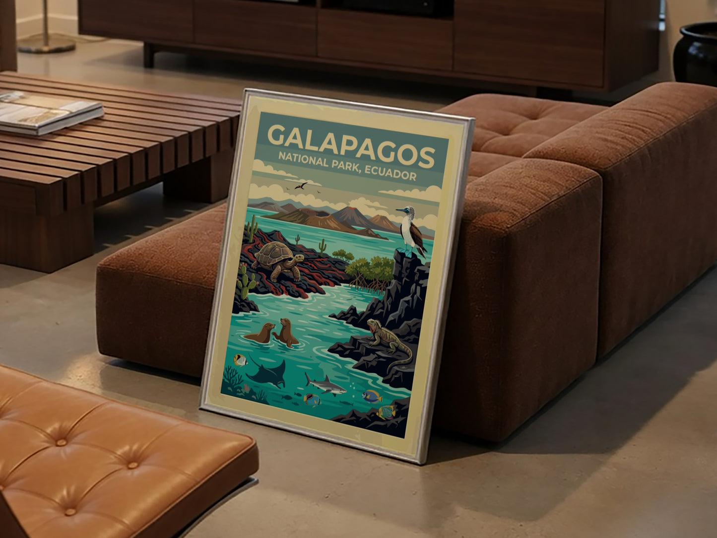 South America travel poster featuring Galapagos National Park with tortoises, iguanas, and marine life.
