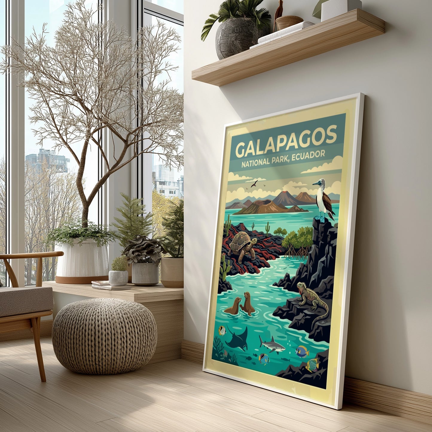 South America travel poster featuring Galapagos National Park with tortoises, iguanas, and marine life.