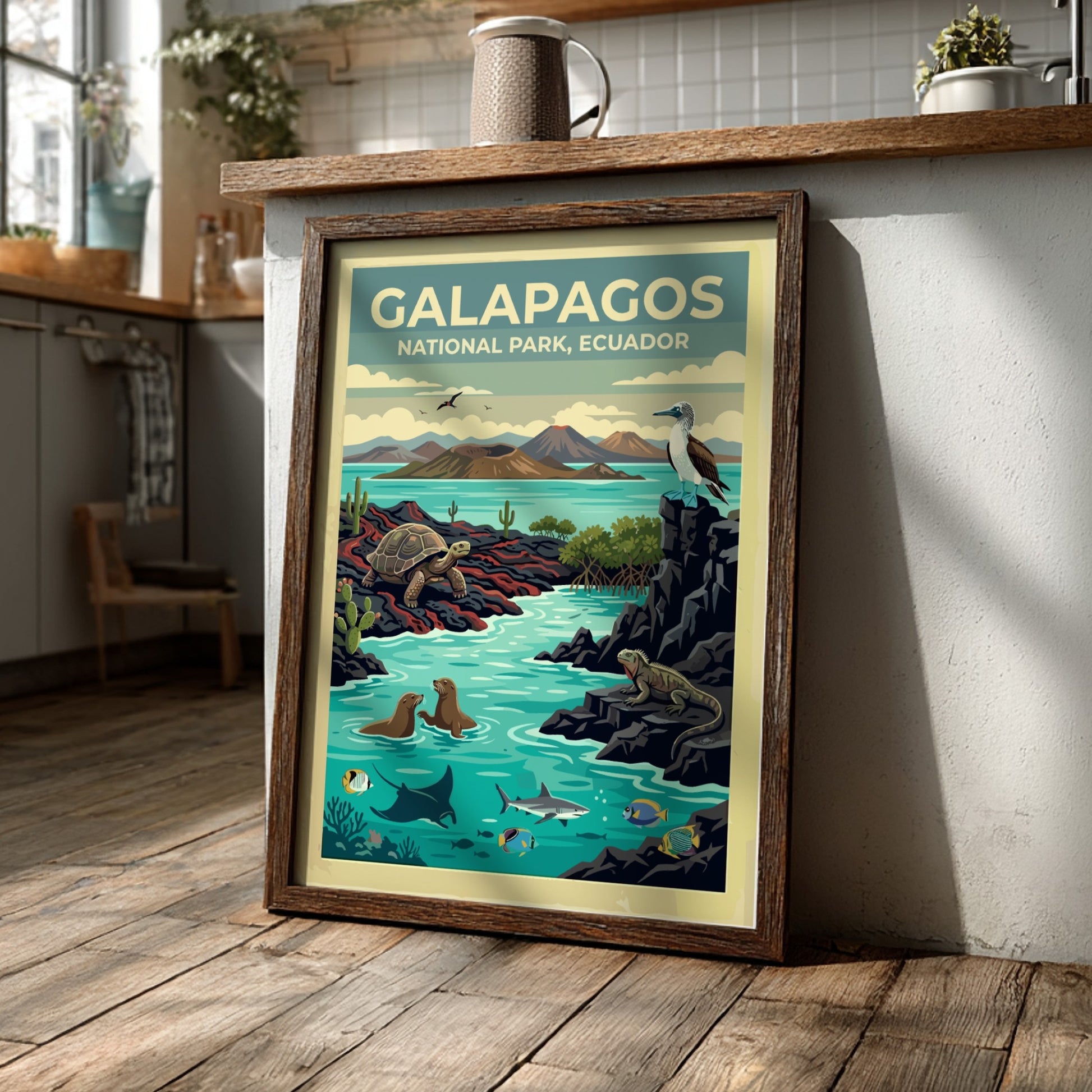 South America travel poster featuring Galapagos National Park with tortoises, iguanas, and marine life.