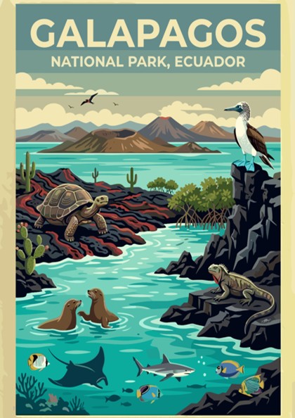 Poster of Galapagos National Park featuring a tortoise, sea lions, and diverse wildlife.