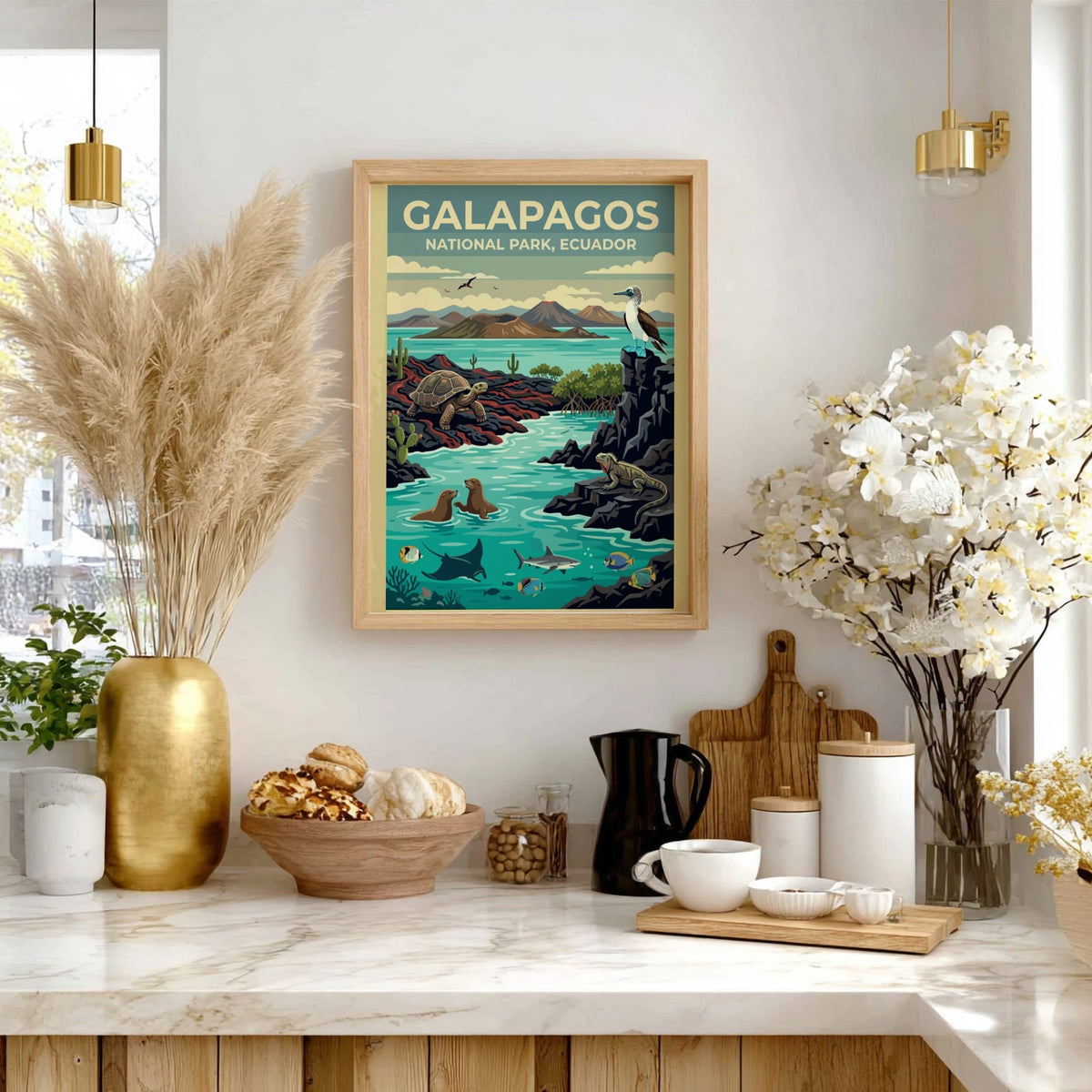 Poster of Galapagos National Park featuring a tortoise, sea lions, and diverse wildlife.