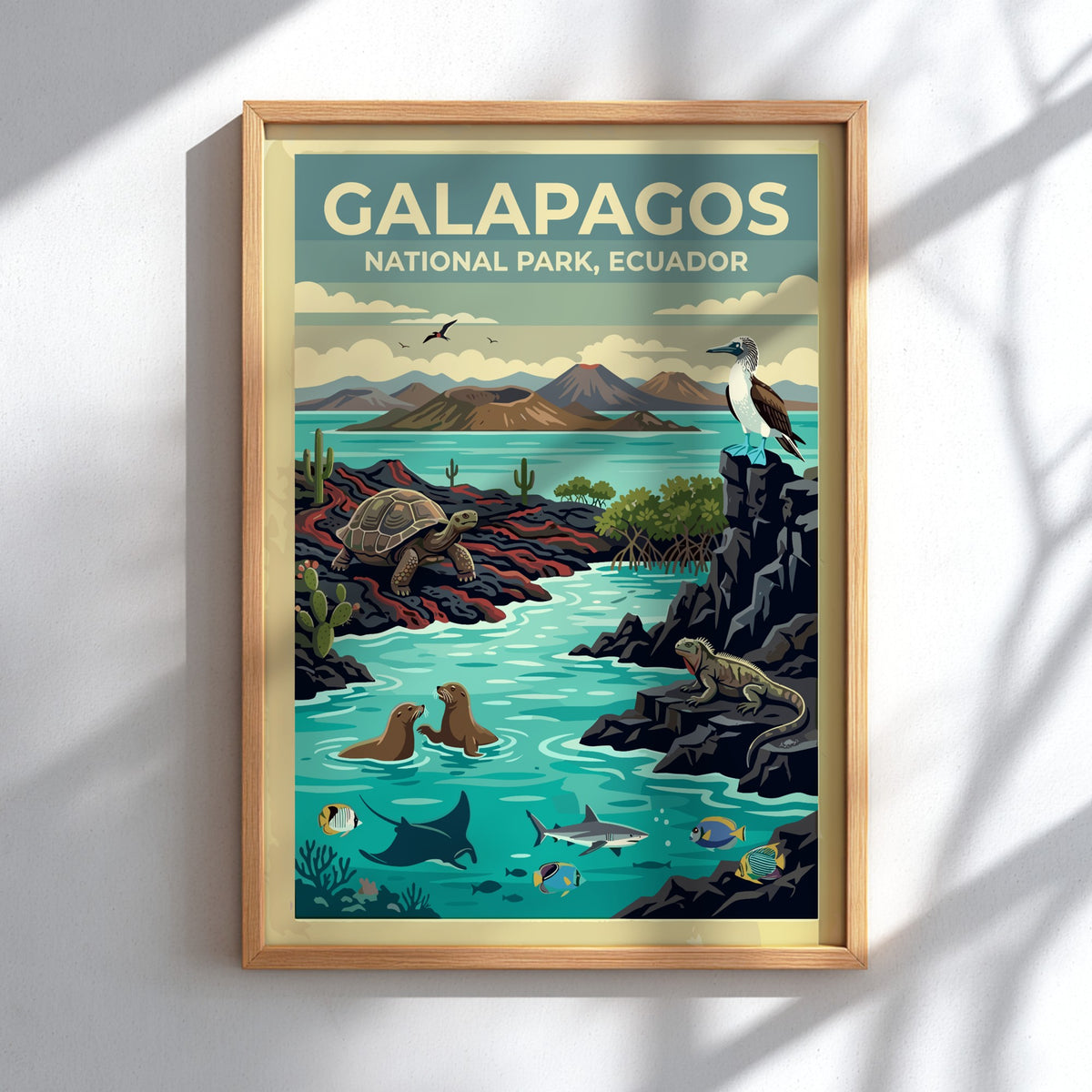 Poster of Galapagos National Park featuring a tortoise, sea lions, and diverse wildlife.